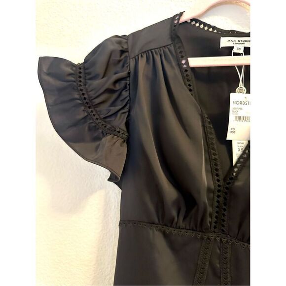 NWT Max Studio Flutter Sleeve Satin Midi Dress in Black. Size XS - Picture 5 of 14